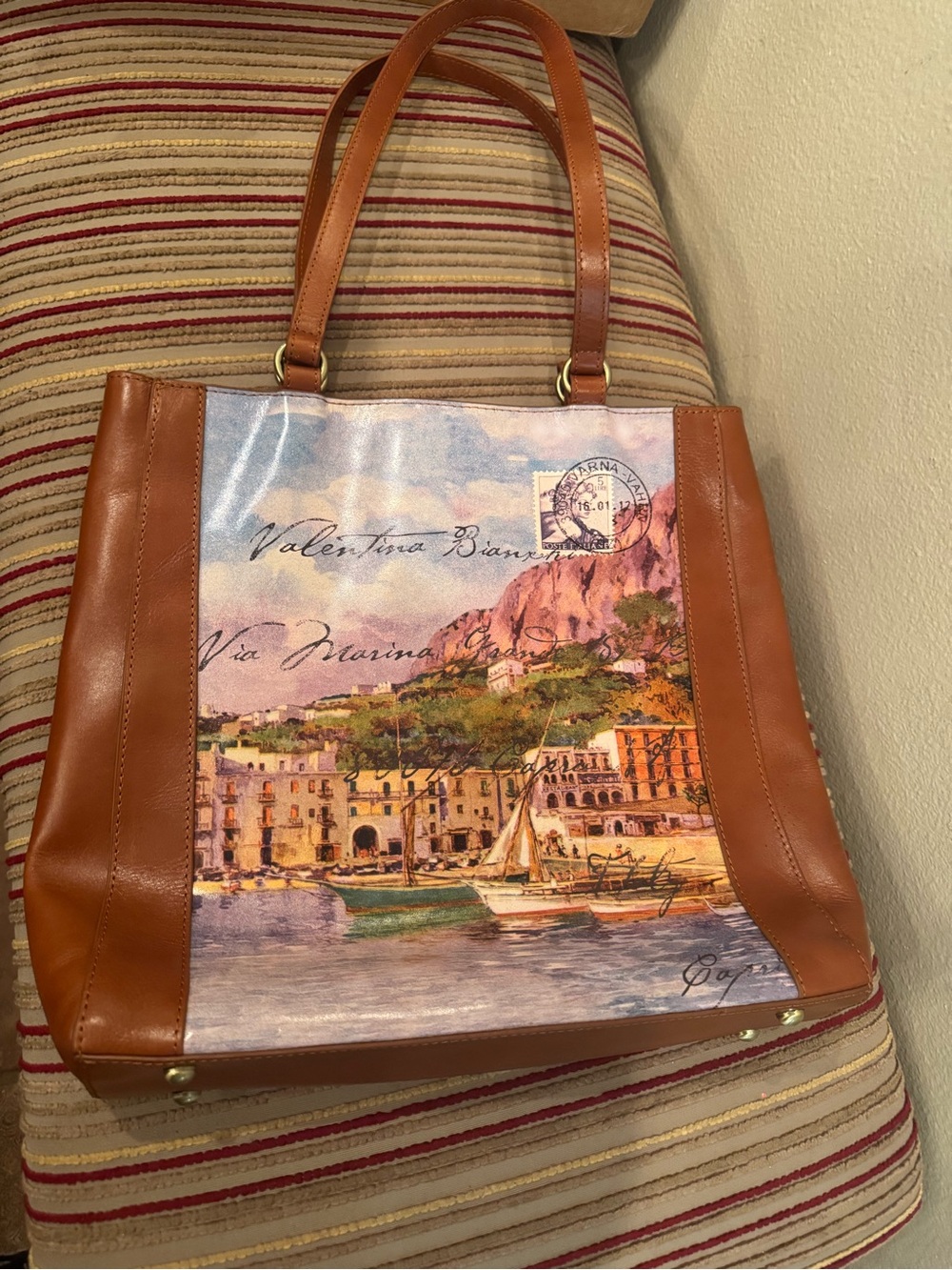 Patricia Nash Tan Leather Tote with Scenic Coastal Print